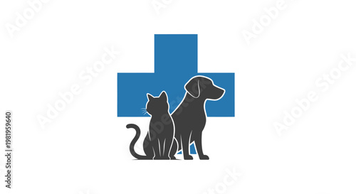 Veterinary clinic logo with cat and dog in front of a blue cross