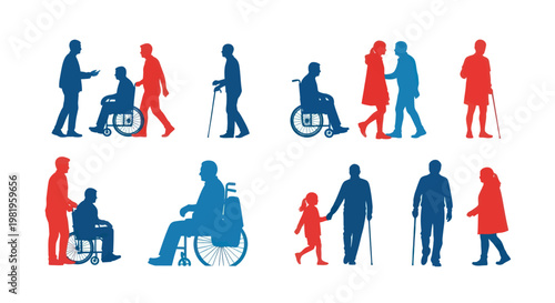 Silhouettes of people interacting, including those in wheelchairs and with canes.