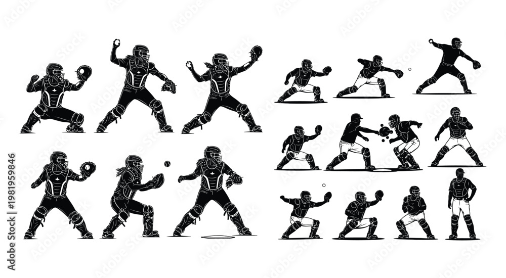 Obraz premium Collection of baseball catcher silhouettes in various dynamic poses and defensive actions in a clean vector style