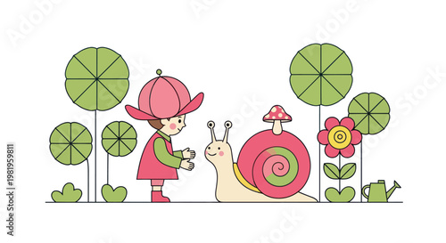 A cute child interacts with a friendly snail in a whimsical garden vector illustration.