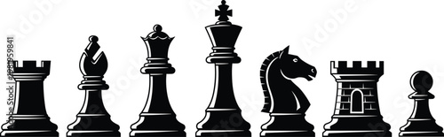 Chess Piece Set Illustration with King, Queen, Rook, Bishop, Knight, and Pawn for Board Game and Strategy Designs