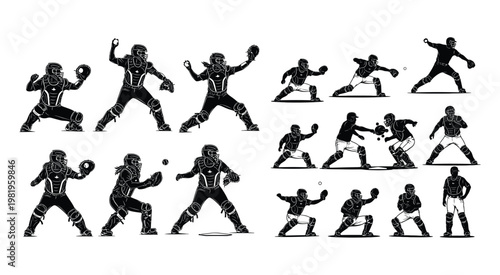 Collection of baseball catcher silhouettes in various dynamic poses and defensive actions in a clean vector style