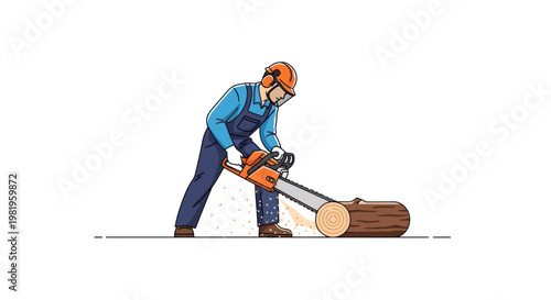 Lumberjack cutting wood with a chainsaw, wearing safety gear in a flat illustration style.