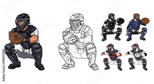Collection of baseball catcher illustrations in various styles featuring crouching athletes with full protective gear
