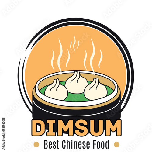 Chinese food logo design with steaming dim sum dumplings in traditional bamboo steamer basket.