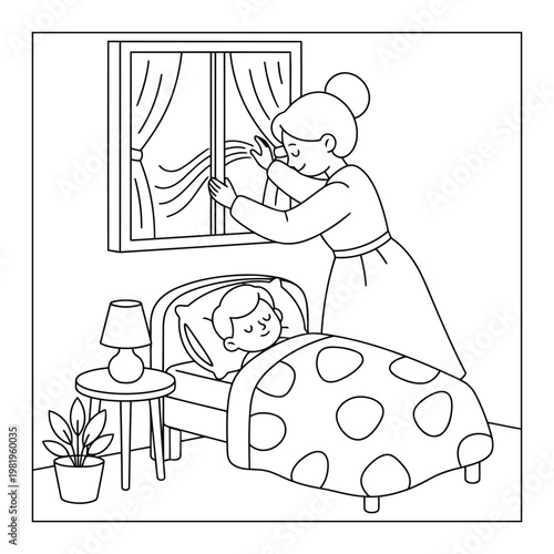 Mother tucking child into bed at night in cozy room cute cartoon outline for kids coloring page