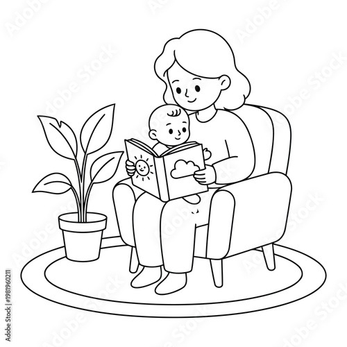 Mother reading book to baby on chair in cozy home scene illustration coloring page