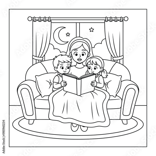 Mother reading book with child on bed during bedtime routine in cozy home scene coloring page