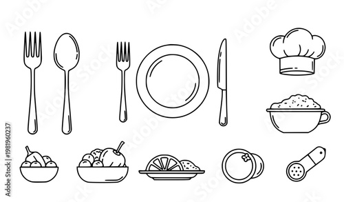 Restaurant Icon Set with Fork Spoon Knife and Chef Hat