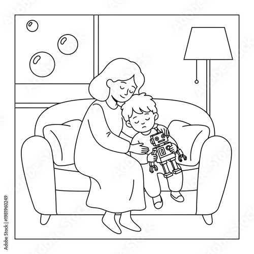 Mother comforting sleepy child on sofa holding toy in peaceful home scene coloring page