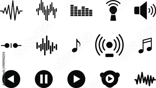 Audio Playback Icons: Sound Waveforms, Equalizer, Volume, and Navigation Controls