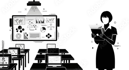 Woman holding book in classroom setting.