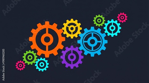 Colorful gear icons connected on dark background, teamwork and process automation concept for business systems, workflow management, and productivity