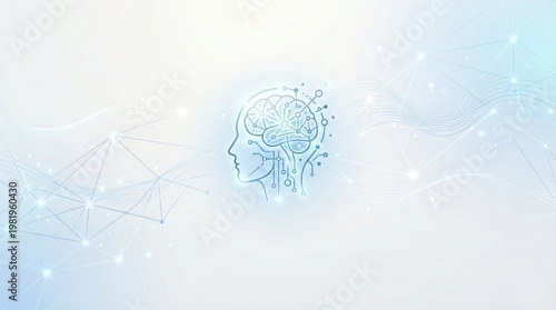 Abstract AI Brain Network Background with Soft Blue Gradient and Digital Connections, Clean Futuristic Technology Design with Copy Space