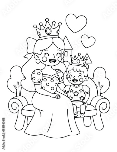 Princess sitting on a royal bench with her happy little prince for a magical kids fantasy coloring page