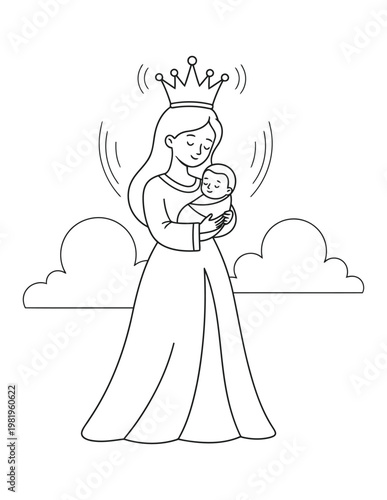 Princess holding her sleeping newborn baby in a peaceful outdoor setting kids fantasy coloring page