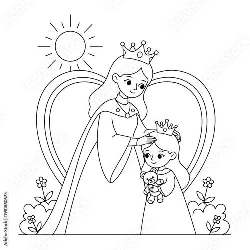  Princess standing in a garden under a bright sun with her daughter for this kids fantasy coloring page