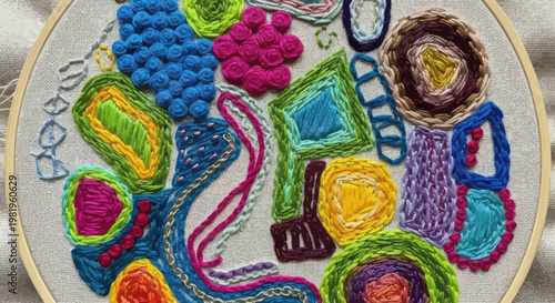 Abstract Embroidery Art: Colorful Textured Stitches in Hoop, Handmade Craft Design
