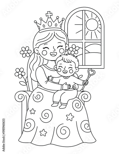 Princess sitting in a royal chair with her happy son by a sunny window for this kids fantasy coloring page
