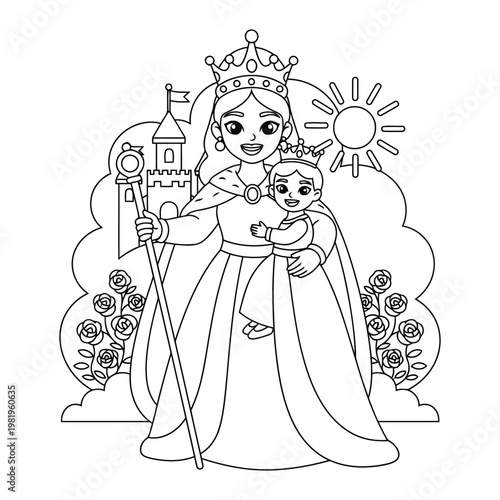 Princess holding a royal scepter and her happy baby in front of a castle garden kids fantasy coloring page