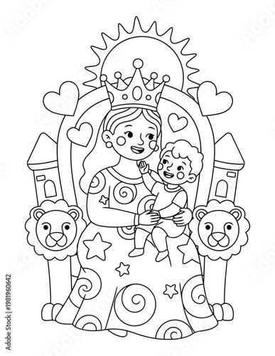 Princess sitting on a royal throne with her happy little prince for a magical kids fantasy coloring page