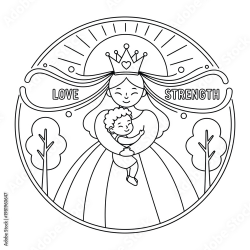 Princess holding her baby with love and strength in a round garden frame kids fantasy coloring page