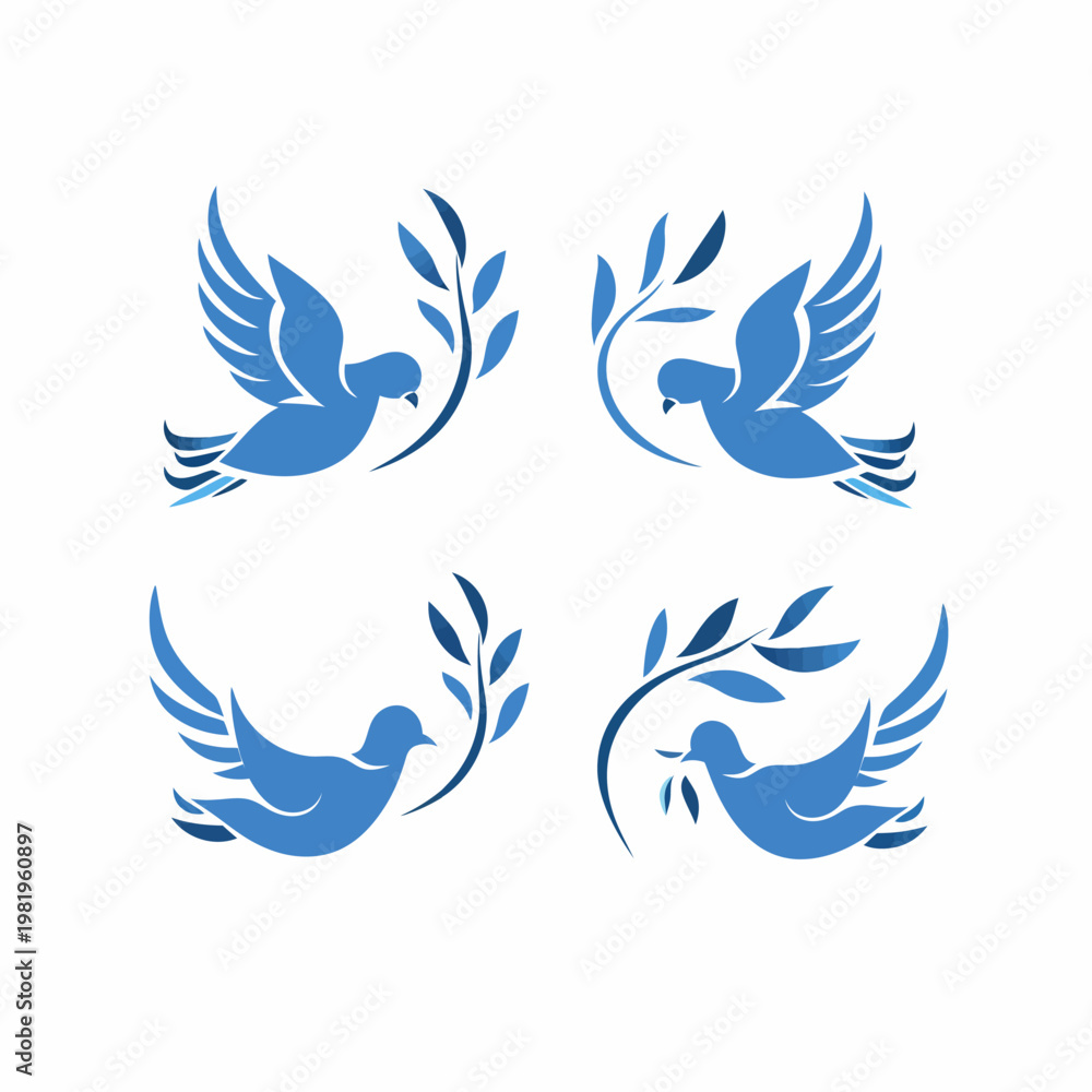 Fototapeta premium Four stylized blue dove illustrations with olive branches, symbols of peace and hope