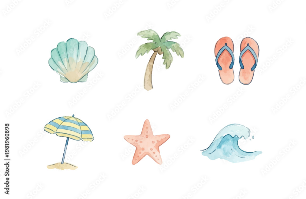 Fototapeta premium Watercolor Beach Elements Icon Set