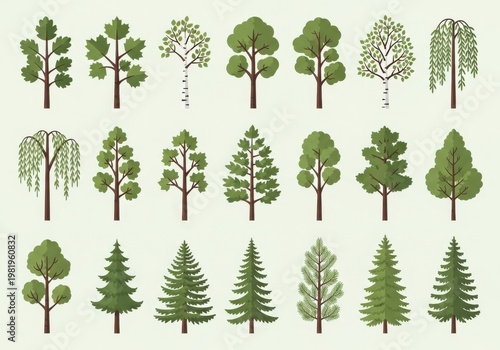 Set of various stylized forest trees in a flat design style.