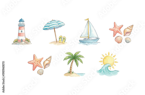 Fotografie Watercolor Beach Elements and Tropical Vacation Icons Set