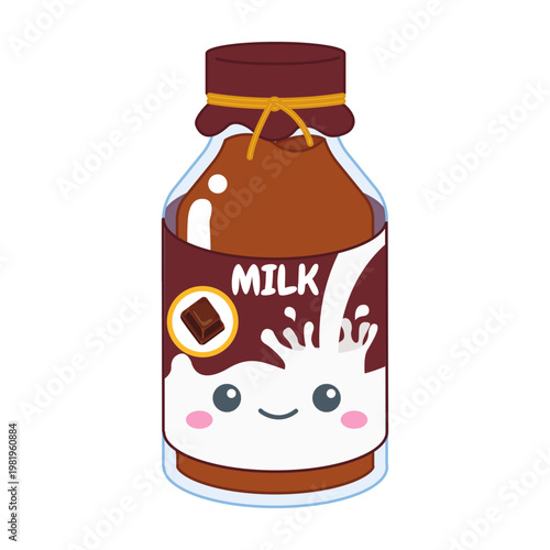 Cute Kawaii Chocolate Milk Bottle Illustration with Splash and Smiling Face