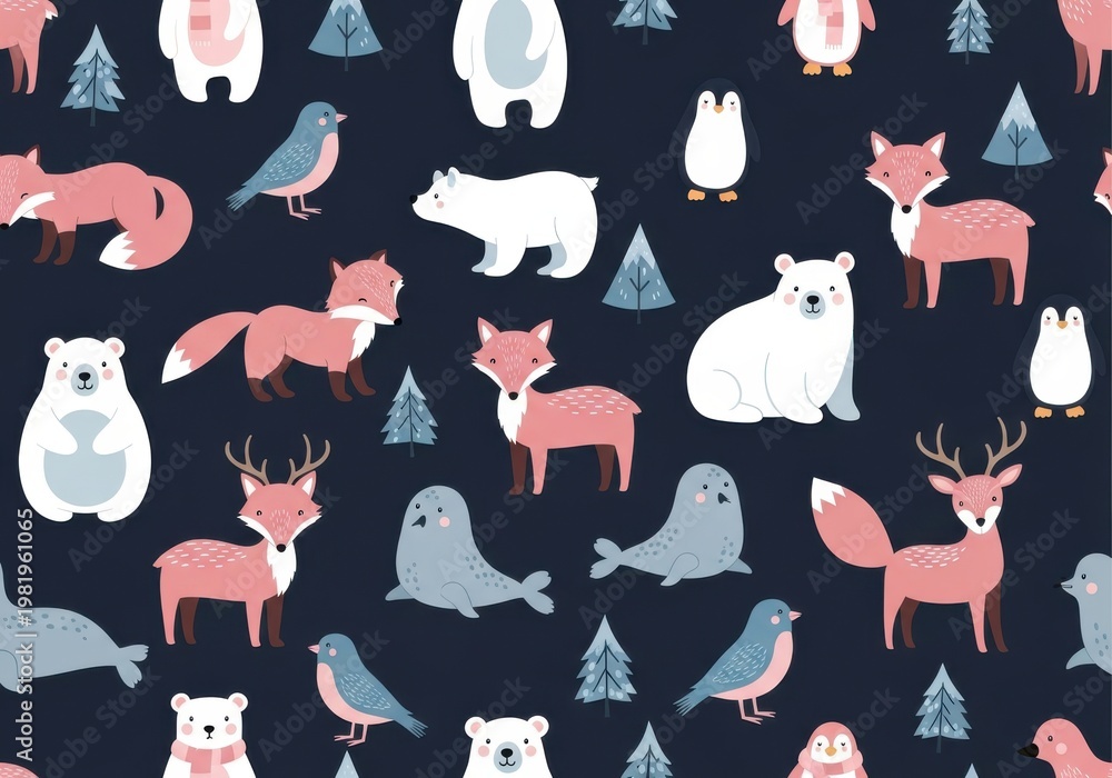 Fototapeta premium Seamless pattern features cute arctic animals and stylized evergreen trees on a dark background.