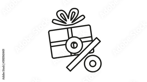 Black line art vector icon of a gift box with a ribbon bow and a percentage symbol, representing a discount, sale, promotional offer, gift voucher, or special holiday deal for retail business.