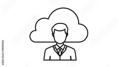 Black line vector icon illustration of a businessman silhouette with a cloud behind his head, representing cloud computing, data storage, professional networking, and business technology.