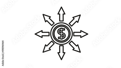 Minimalist black line vector icon of a dollar sign coin with eight arrows pointing outwards, representing money distribution, financial diversification, investment growth, and global cash flow.