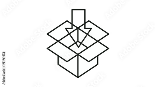 Minimalist black line art vector icon illustration of an open cardboard box with a downward pointing arrow inside, symbolizing storage, archive, download, import, packaging, and delivery.