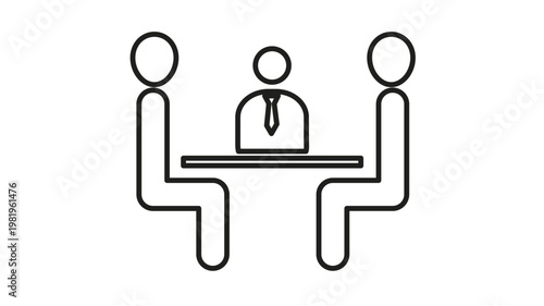 Business meeting vector icon illustration featuring three people sitting at a table for a conference, job interview, or professional negotiation. Minimalist black line art symbol for corporate.