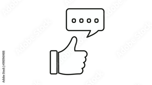 Thumbs up hand gesture with a speech bubble and ellipsis dots vector icon illustration. Minimalist black line art symbol for positive feedback, social media like, and communication concept.