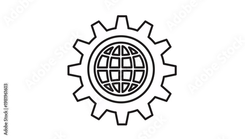 Obraz na plátne Black line art vector icon of a gear cogwheel with a globe earth symbol inside, representing global industry, international business, worldwide technology, and global connectivity