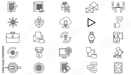 25 Minimalist Black Vector Icon Set Collection for Business, Finance, Technology, and Communication. Includes Symbols for Marketing, Office, Education, Money, Data, and Professional Management.