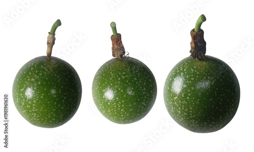 Fresh Green Passion Fruit: Three Organic Unripe Exotic Fruits Isolated on White Background for Healthy Juice and Culinary Use