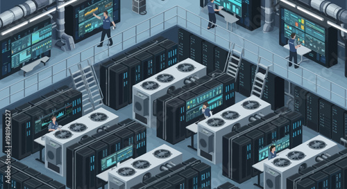 Workers maintaining large server room equipment.