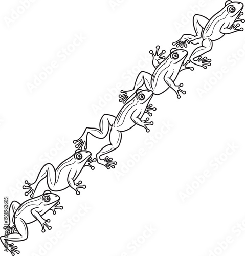 Diagonal pattern of small cute frogs in hand drawn line art style with amphibian