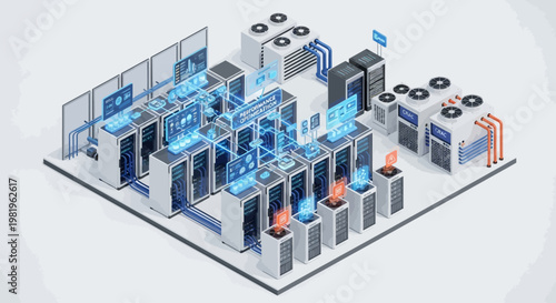 Isometric data center infrastructure and network.