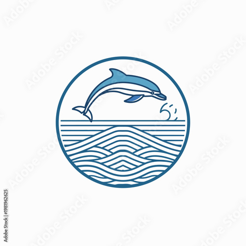 Stylized emblem featuring a leaping dolphin above wavy lines, enclosed in a circle, in shades of blue