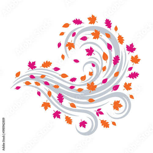 Vibrant orange and pink leaves swirl around a gray abstract wind motion in a lively outdoor scene.