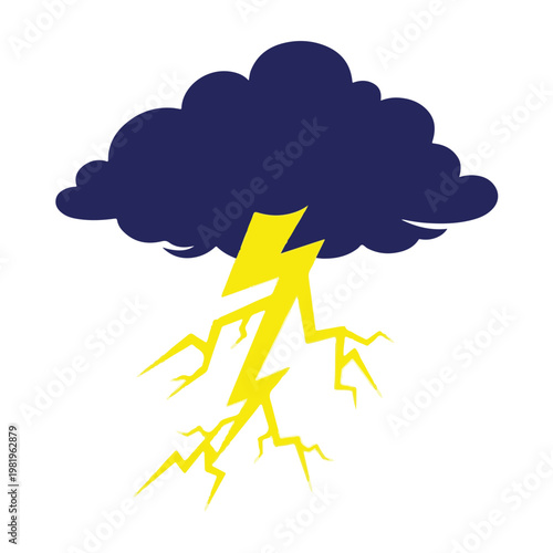 A dark storm cloud produces a bright yellow lightning bolt in the sky.