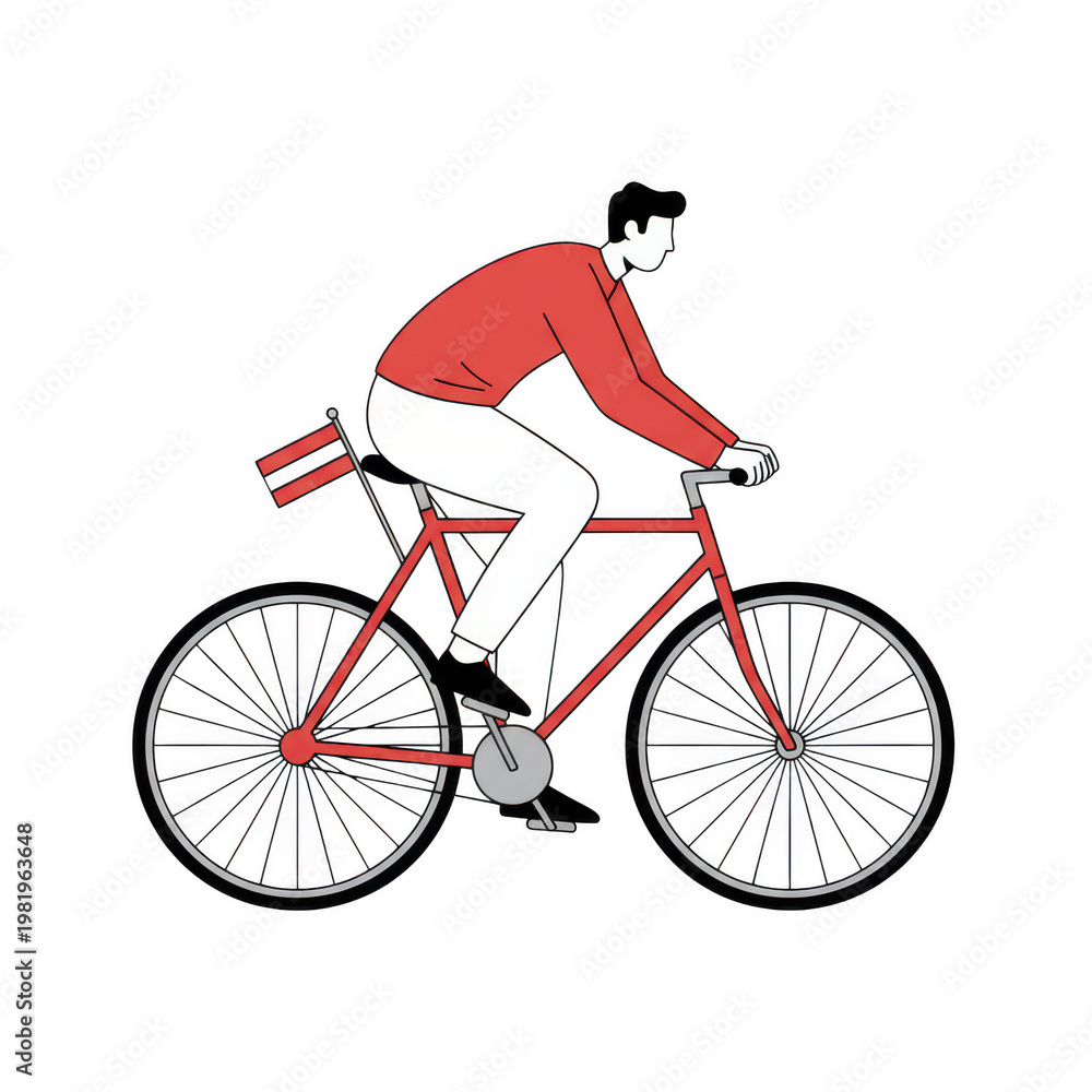 Naklejka premium Man riding a red bicycle with a flag isolated on a transparent background