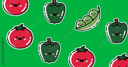 Multiple tomato, peas and bell pepper icons moving in seamless pattern against black background