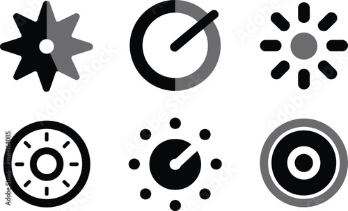 Set of various interface icons featuring circular loading progress indicators and adjustable brightness level settings